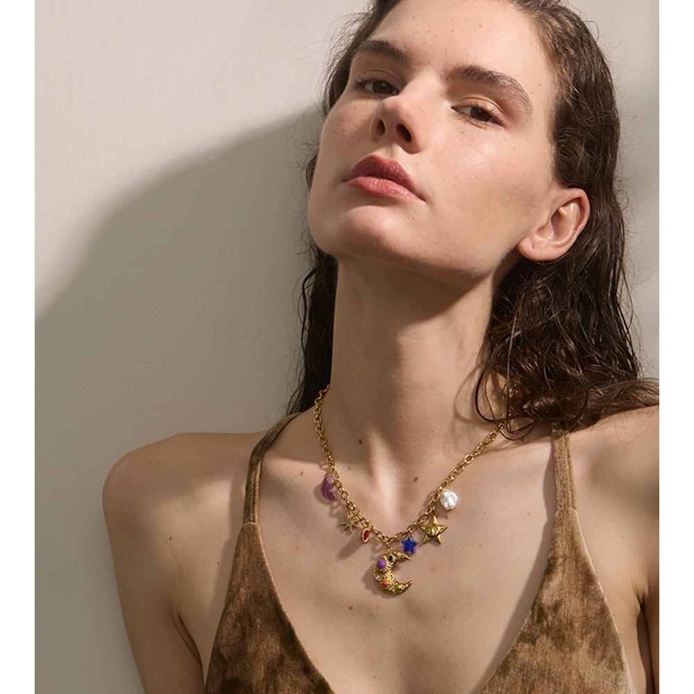 Yhpup Charms Imitation Pearl Acrylic Star Moon Pendant Drop Necklace Golden Stainless Steel Popular Summer Fashion Jewelry 2025