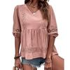 Women Casual Summer Short Sleeve V Neck Blouse Shirt Pink Cotton Linen