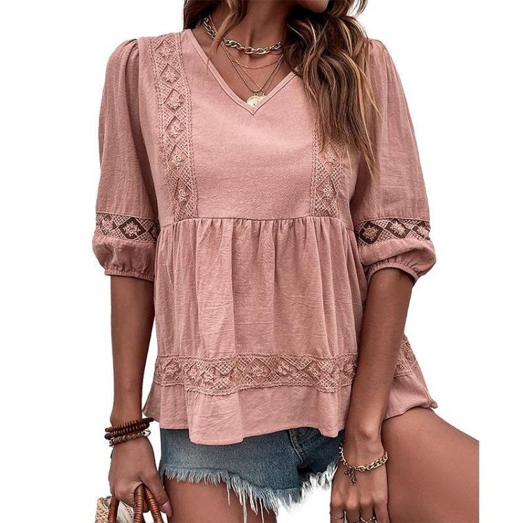 Women Casual Summer Short Sleeve V Neck Blouse Shirt Pink Cotton Linen