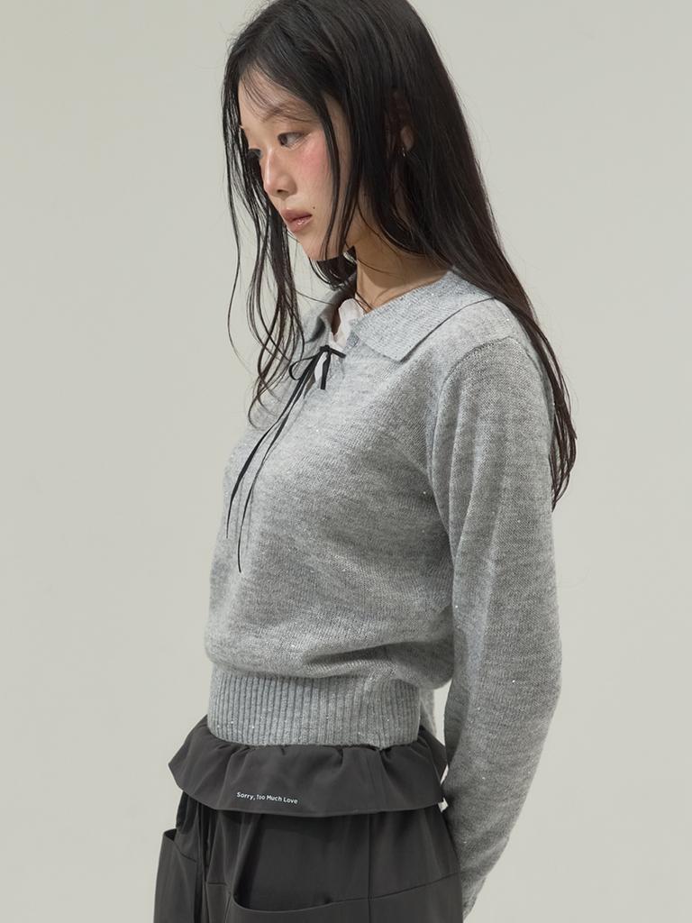 SORRY, TOO MUCH LOVE Ribbon Tie Collar Knit Top_Gray