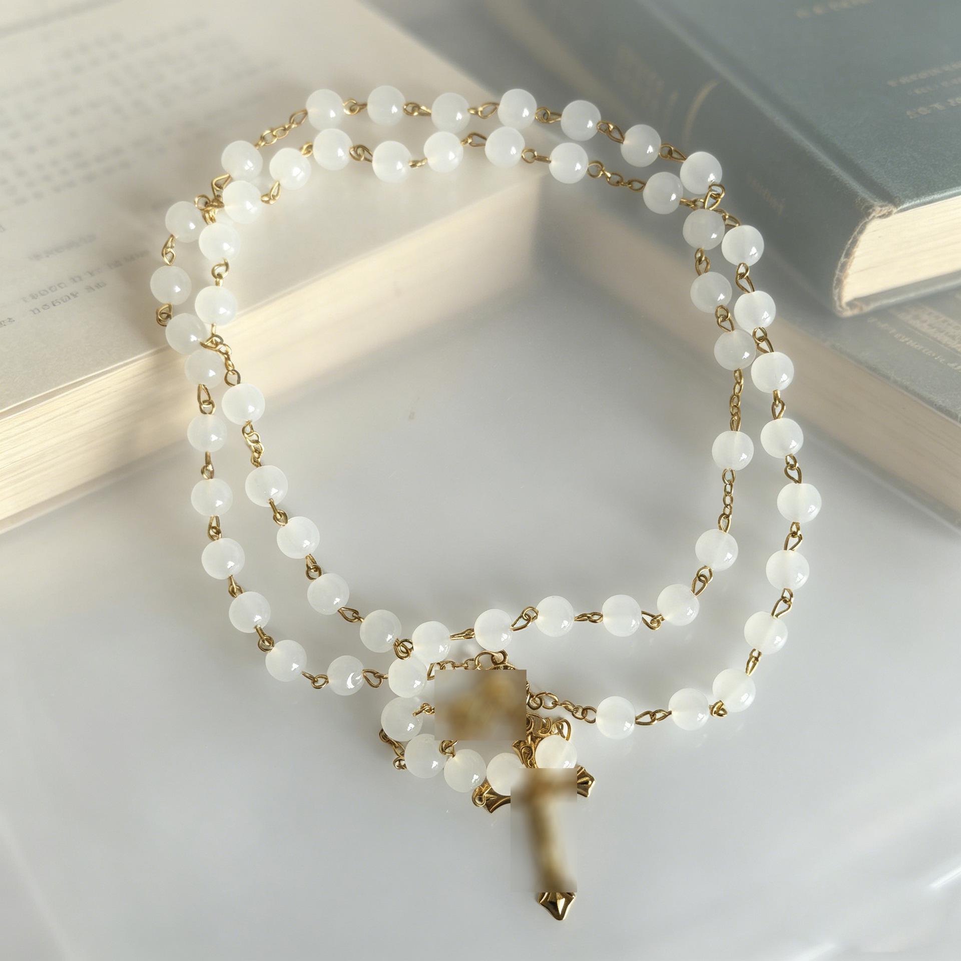 8mm White Jade Imitation Glass Bead Necklace with Cross Pendant - 59 Beads Sweater Chain Electroplated