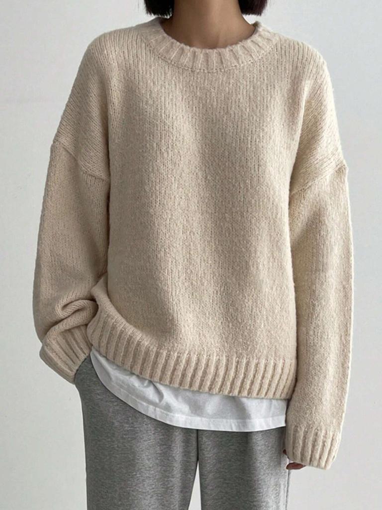 Autumn Winter Lazy Style Versatile Crewneck Thick Solid Knit Sweater Women's European Style Pullover Long Sleeve Sweater Top