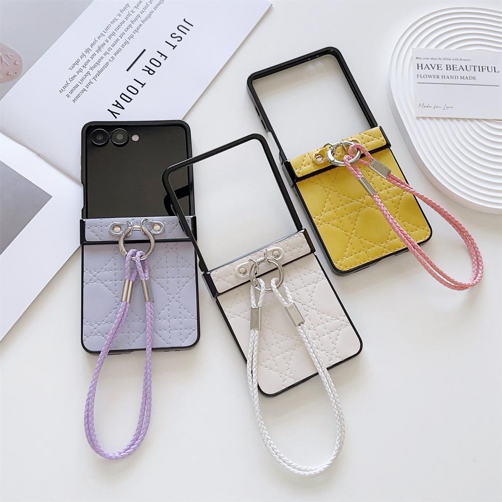 For Samsung Galaxy Z Flip7 5G Case Imprinted Rhombus TPU+PC Phone Cover with Wrist Strap