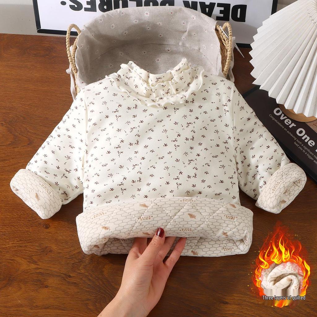 Girls' Floral Print Cotton Coat with Lace Collar - Warm Autumn/Winter Layer