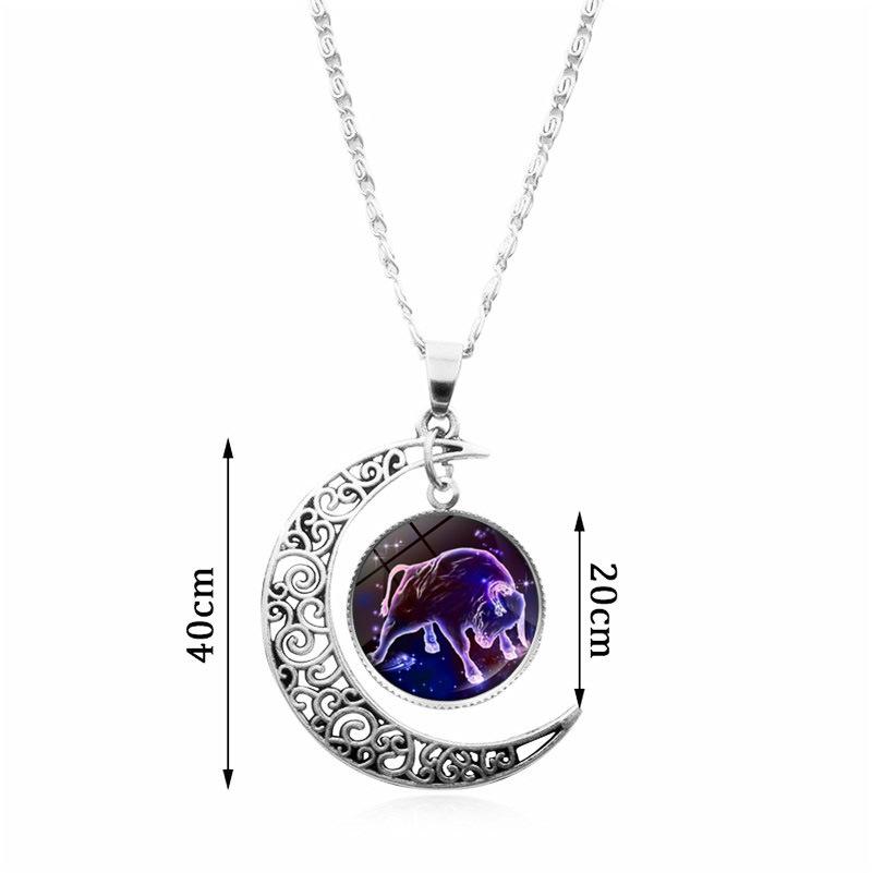 Zodiac Moon Gemstone Necklace For Women Versatile Pendant Jewelry Sweater Chain Birthday Gift