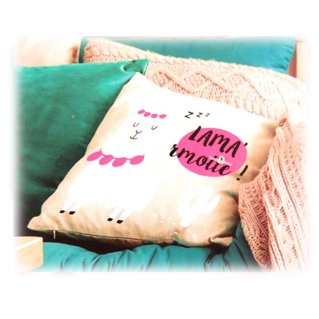 Les Trésors De Lily [Q0687] - Bavlněný povlak na polštář 'Lama Mania' béžový růžový (Lama'rmotte) - 40x40 cm