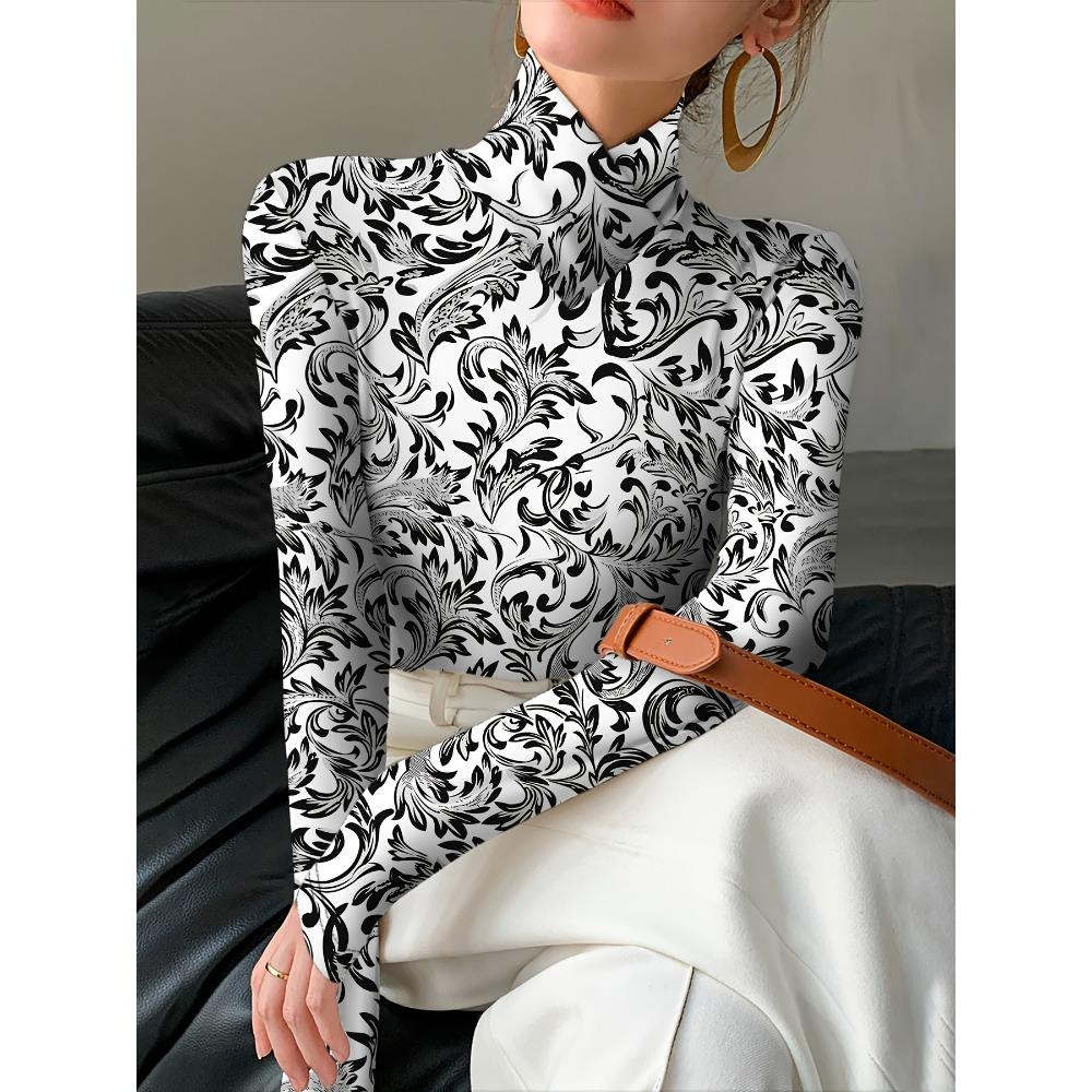 Spring and Autumn Women's Turtleneck Pullover Long Sleeve Temperament Printed T-Shirt