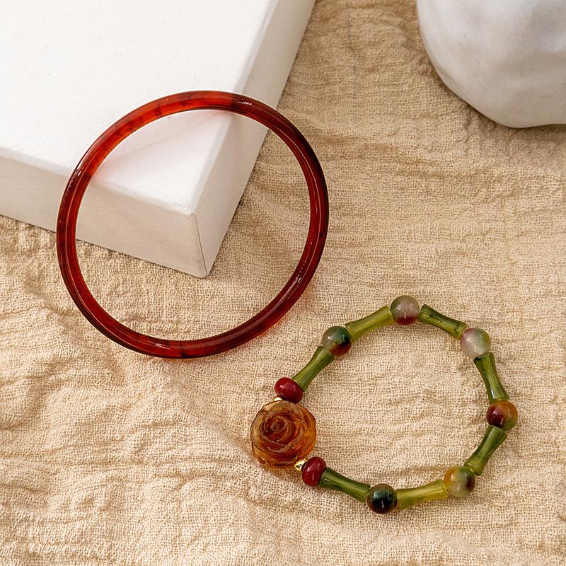 National Style Rose Bracelet Set, Retro Chinese Style Bamboo Joint Beaded Bracelet Cheongsam Accessories Bracelet