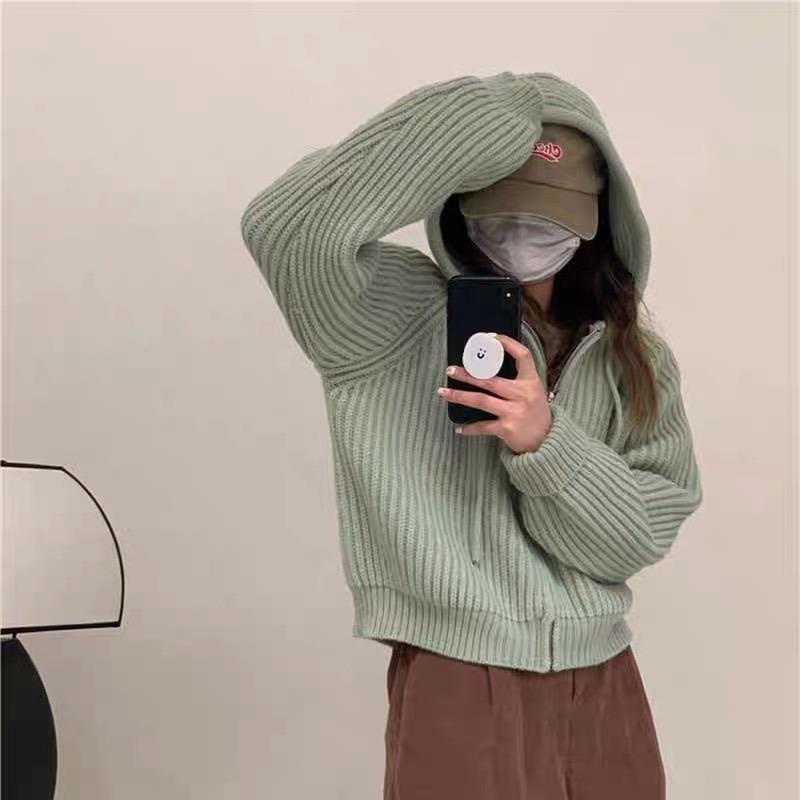 Autumn Winter Women Hooded Zipper Knitted Sweater New Loose Long Sleeved Cardigan Jackets Short Coats Sweet Casual Elegant Solid Color Clothing