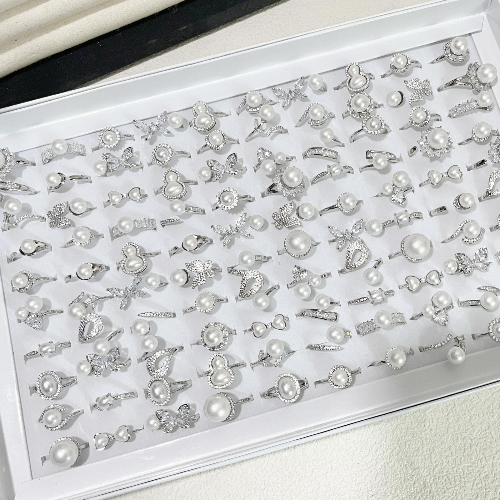 10Pcs Pearl ring, zirconium ring, women s fashionable retro ring, finger ring