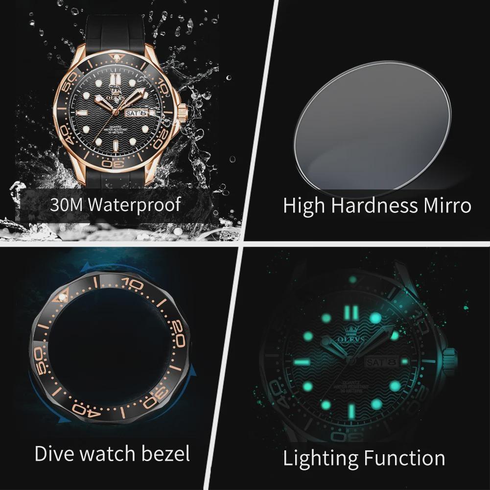 OLEVS Fashion Quartz Watch For Men Business Mens Watches Military Silicone Sports Waterproof Week Date Watch