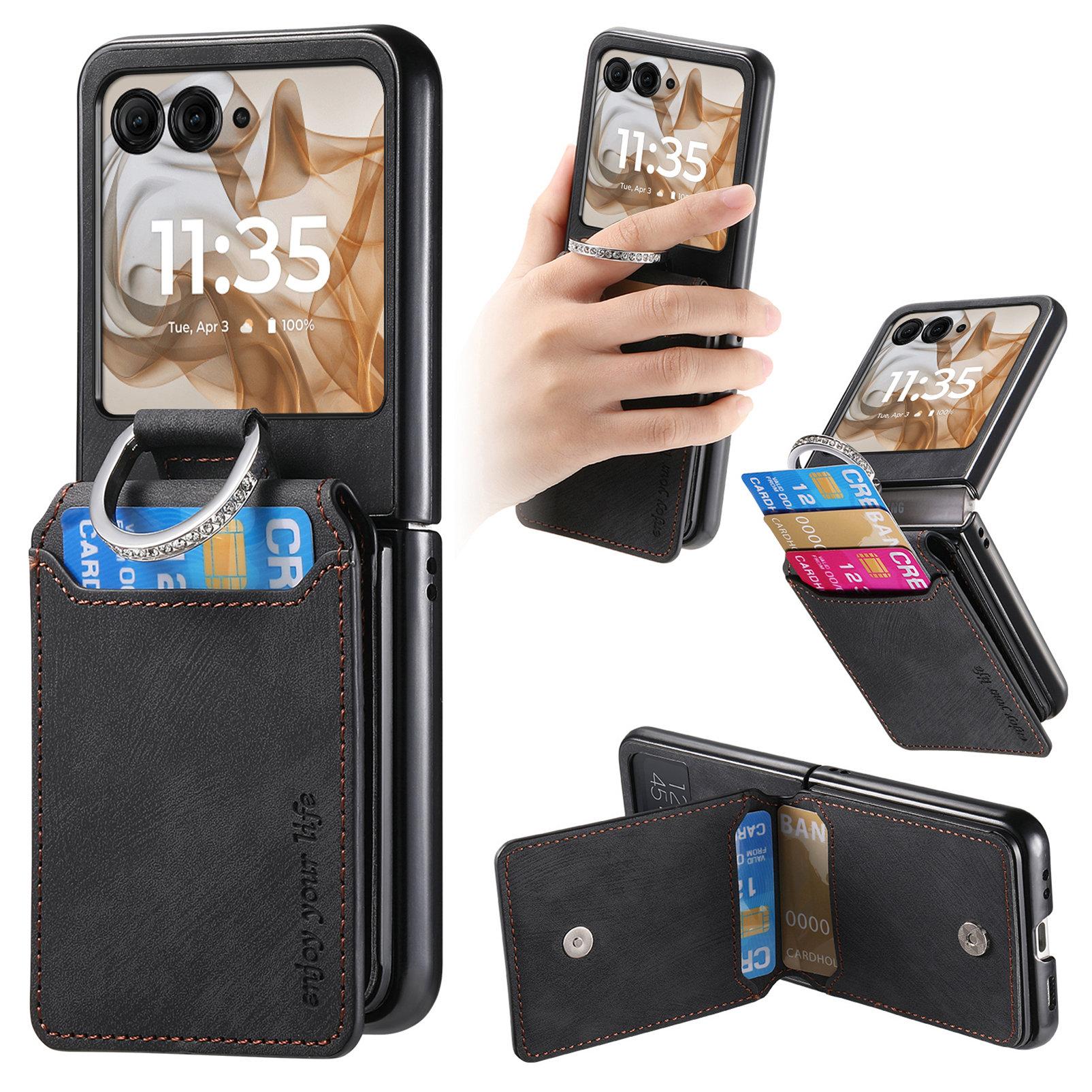 

For Motorola Razr 60/50 5G Case Card Holder Kickstand Retro Texture Leather Back Cover Black