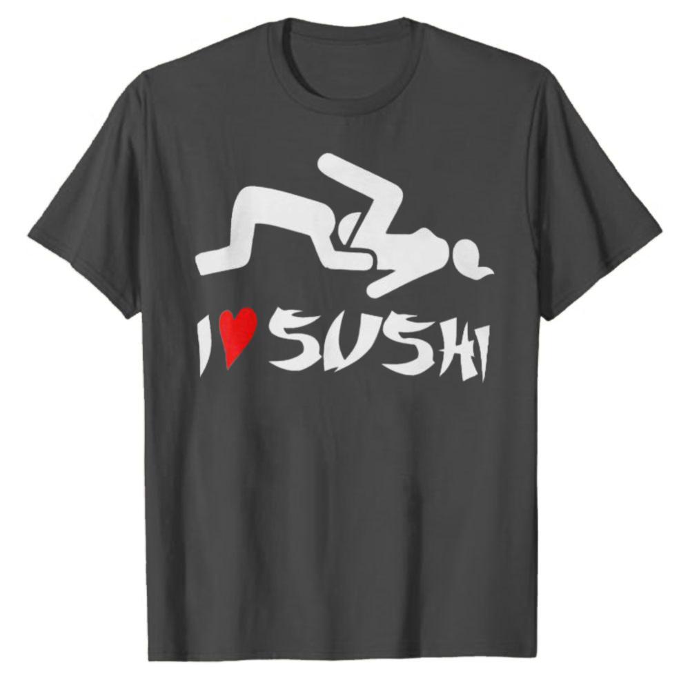 Abstract Brush Calligraphy I Love Sushi Red Heart Graphic Cotton Tshirt Japanese Food Retro Streetwear Loose Unisex Daily Tops