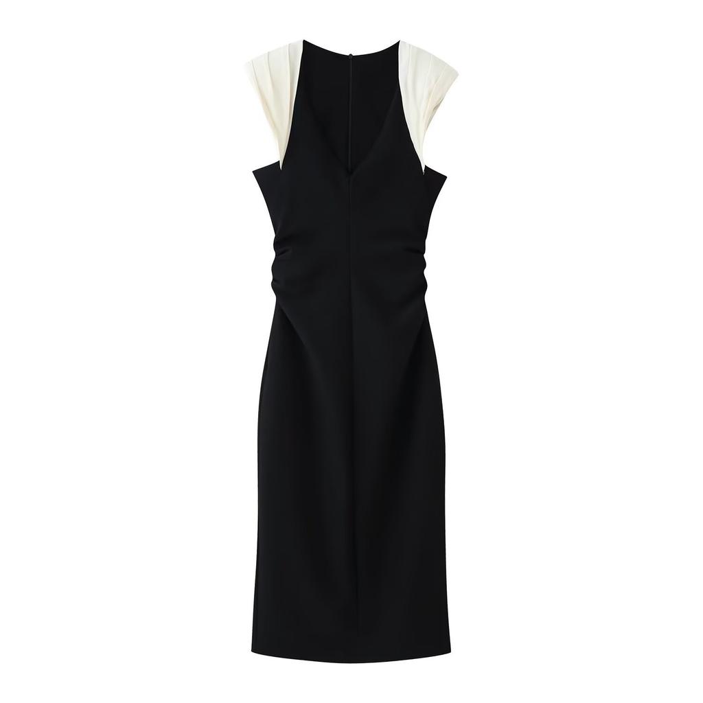 Summer new French sleeveless contrasting color splicing deep V-neck waist-wrapped hip-wrapped thin dress