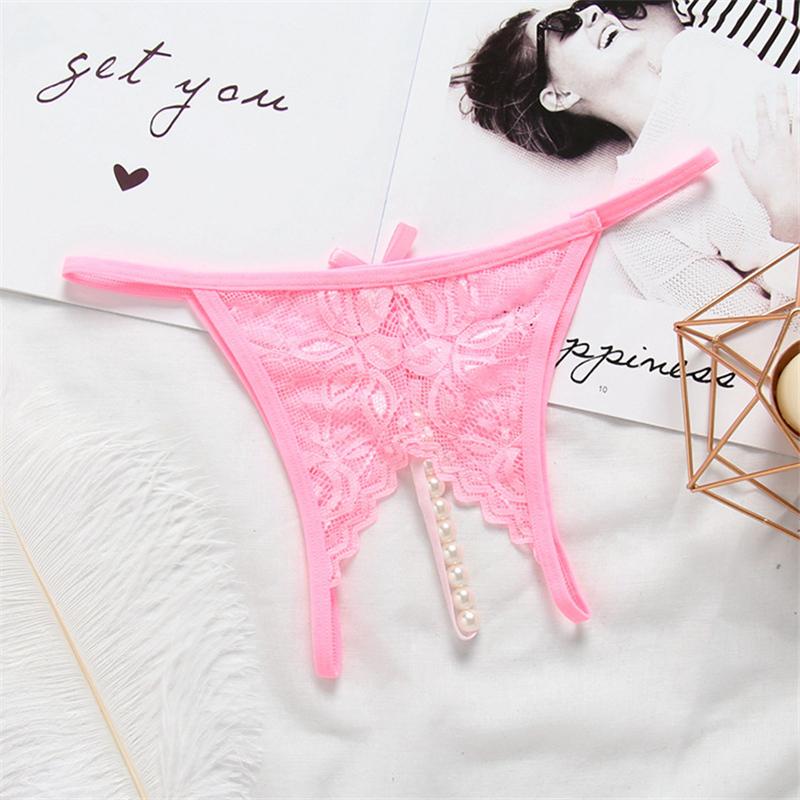 M - XL Plus Size Lace Panties Women Sexy Transparent Underwear Pearl Massage Culotte Femme Open Crotch Thongs G-strings For Sex