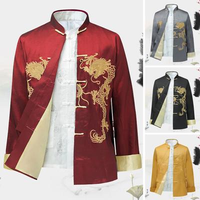 Men Fall Spring Shirt Dragon Embroidery Vinatge Chinese Style Stand Collar Color Matching Single-breasted Long Sleeve Satin Men New Year Top