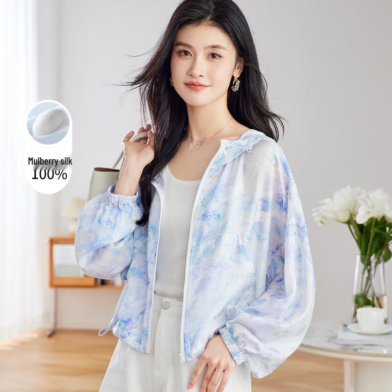 

Женская куртка с капюшоном из 100% шелка тутового дерева с цветочным принтом M