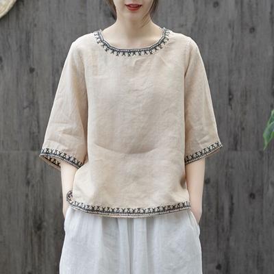 Artistic Retro Linen Embroidered Round-neck Short-sleeve T-shirt, Summer New Loose-fit Versatile Women's Top