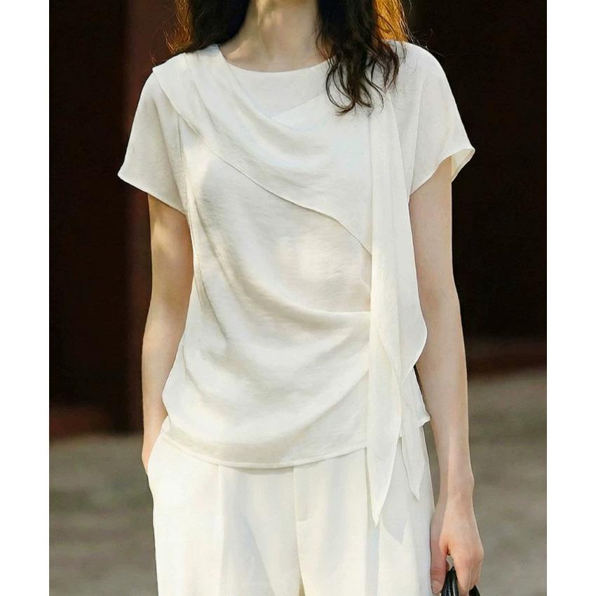 French crew neck short-sleeve T-shirt, summer new style, waist-cinching, minimalist, slimming, ribbon design, small shirt, white top