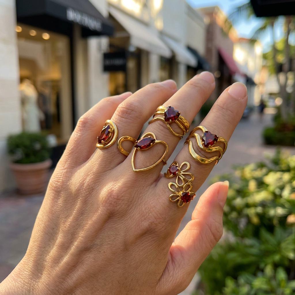 Adjustable Gold Heart & Red Diamond Flower Ring Set - 5 Pieces, Stainless Steel