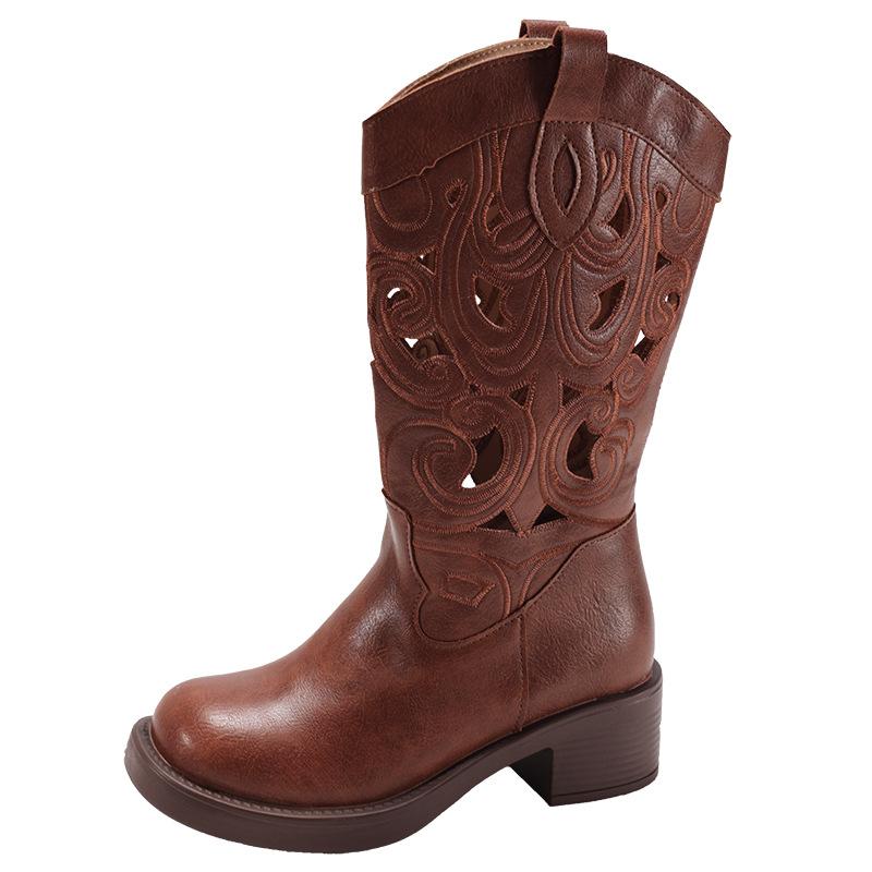 Maillard thick heel western cowboy boots women's retro knight boots 2025 new summer thin hollow long boots
