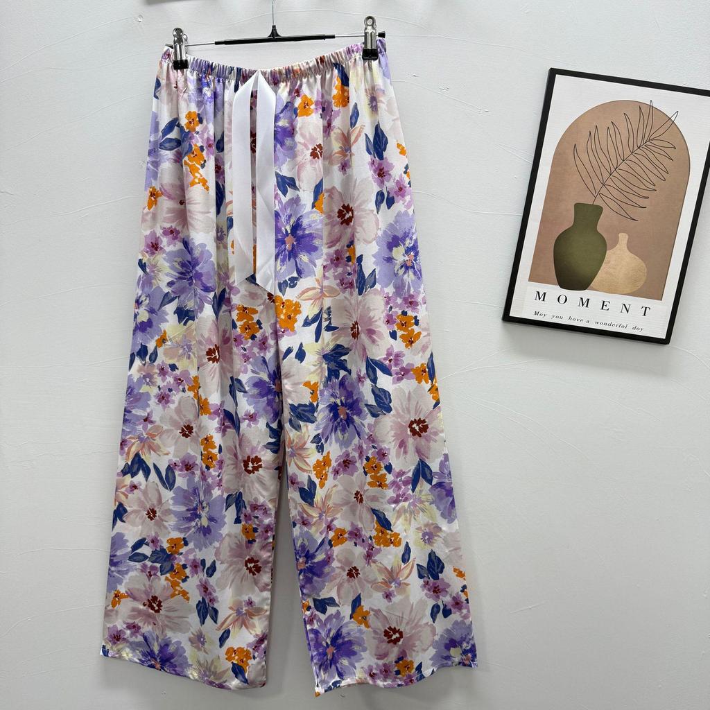 Damen-Blumen-Baumwoll-Seiden-Pyjama - Große Größen, Sommer, Leicht, Für draußen, Gerades Bein, Lockerer Schnitt
