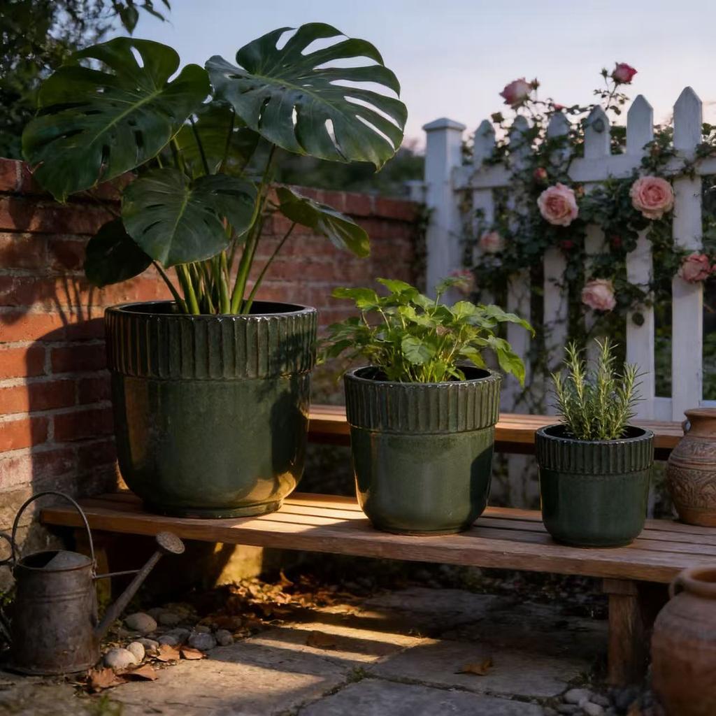 Handmade Ceramic Plant Pot Set 3-Piece (diameter 38/30.5/23 cm), Glossy Dark Green with Vertical Groove Trim, Frost-Resistant, with Drainage Holes