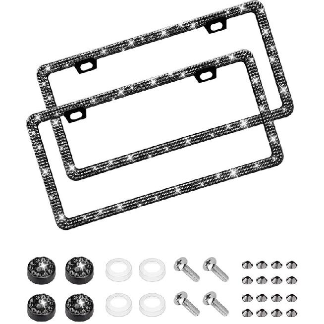 EWBN Bling License Plate Frame For Women, 2 Pack Sparkly Rhinestone License Plate Holder, Premium Stainless Steel Diamond Car Accessories License Narrow Edge Black