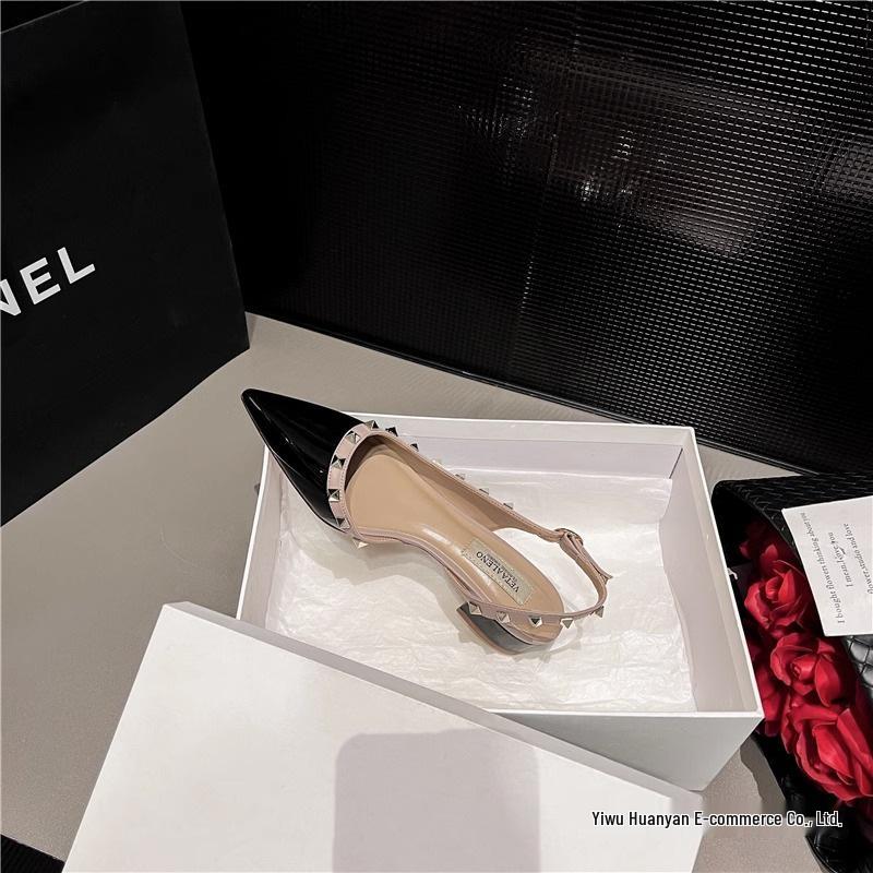 Women's Nude Pointed Toe Chunky Heel Rivet Flats - Patent Leather Closed Toe Sandals for 2025 Spring & Autumn