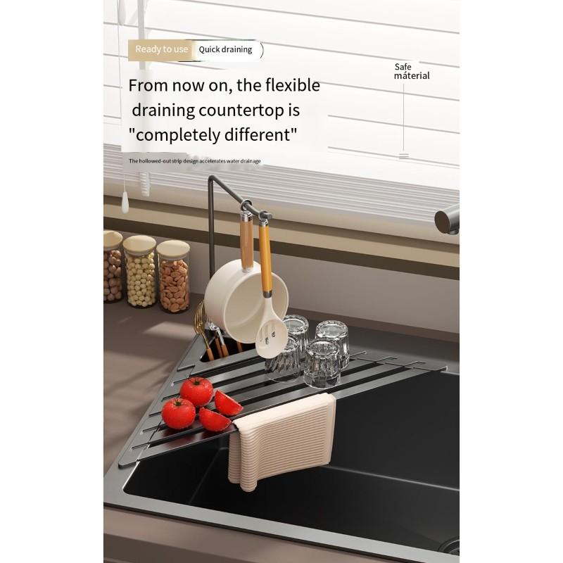A03F-Aluminum Alloy Kitchen Sink Drainer Drain Basket Foldable Dish Rack Multi-Function Triangle Design