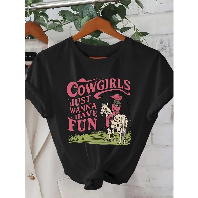 Women's Cowgirl Print Summer T-Shirt - Western Cowgirl & Horse Riding Graphic Round Neck Casual Tee Suitable for Cowgirl Events