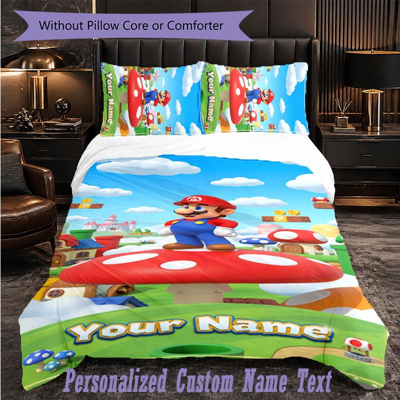 Personalized 3Pcs Bedding SetSuper Mario Custom Text Duvet Cover Pillowcase Set Bedroom Gift