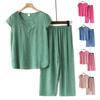 2Pcs/Set Middle-aged Mother Casual Top Crop Pants Set Embroidery Solid Color O-neck Short Sleeve Pleated Elastic Waist Wide Leg Daily Outfit