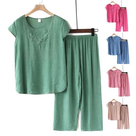 2Pcs/Set Middle-aged Mother Casual Top Crop Pants Set Embroidery Solid Color O-neck Short Sleeve Pleated Elastic Waist Wide Leg Daily Outfit