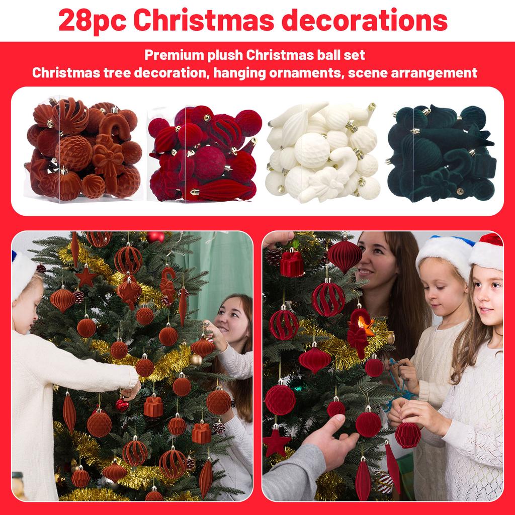 28-piece Christmas Decoration Set, Premium Flocked Christmas Ball Set, Christmas Tree Ornaments, Hanging Decorations, Scene Decorations.