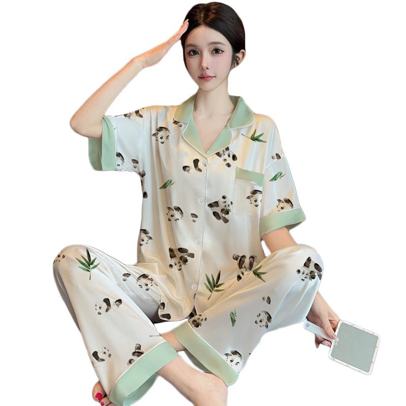 Guofeng Panda Luxury Ice Silk Satin Pajamas Women'S Loungewear Short Sleeve Pants Loungewear High Value Set