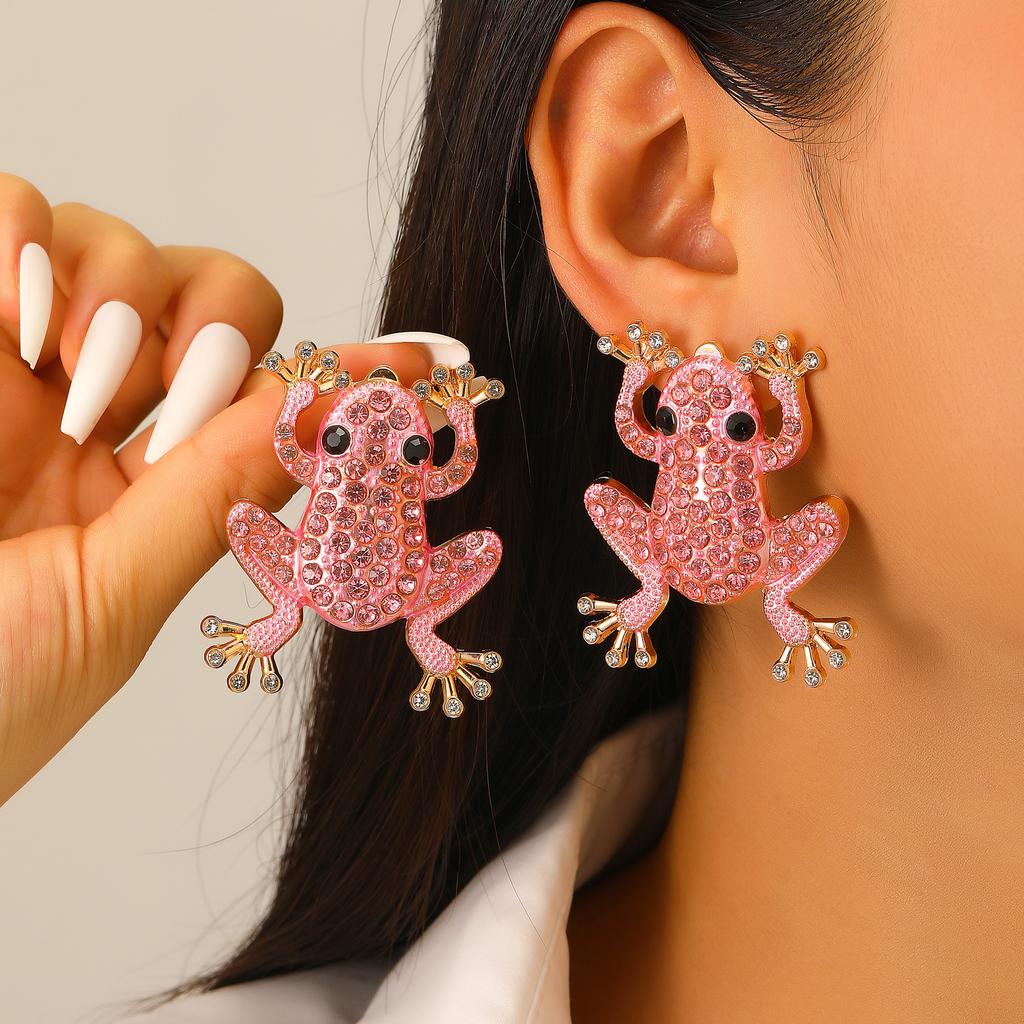 Gold Tone Green Crystal Frog Stud Earrings, Sparkly Animal Statement Earrings for Women