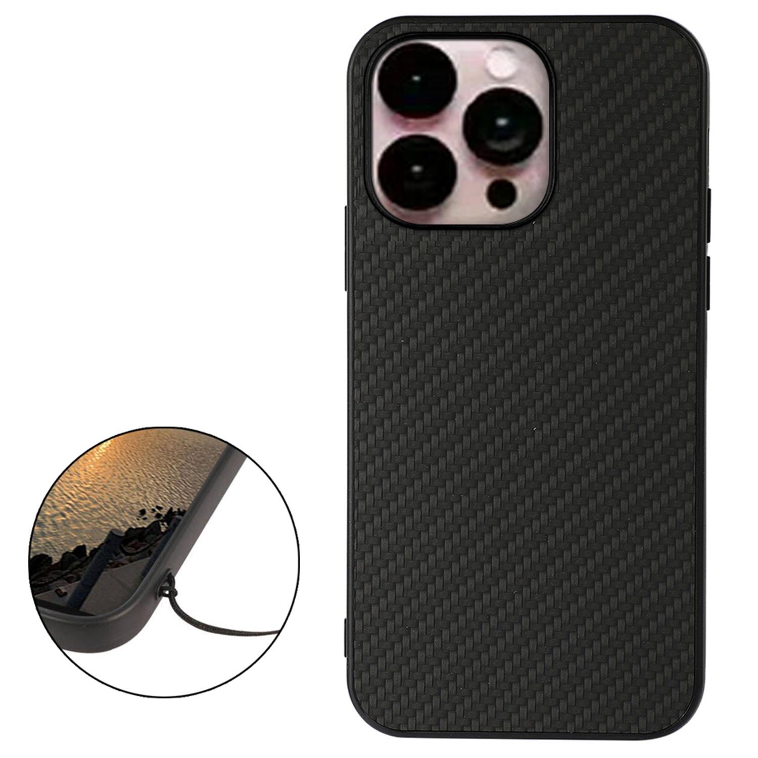 

For iPhone 14 Pro Max 6.7 inch Anti-fall Ultra-thin Phone Case Carbon Fiber Texture Protective Cover PU Leather Coated Cellphone Hybrid Back Shell Black
