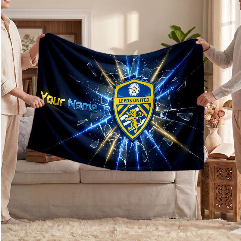 Leeds United Personalized Fleece Blanket With Football Logo, Custom Name Text Soft Warm Home Throw Blanket