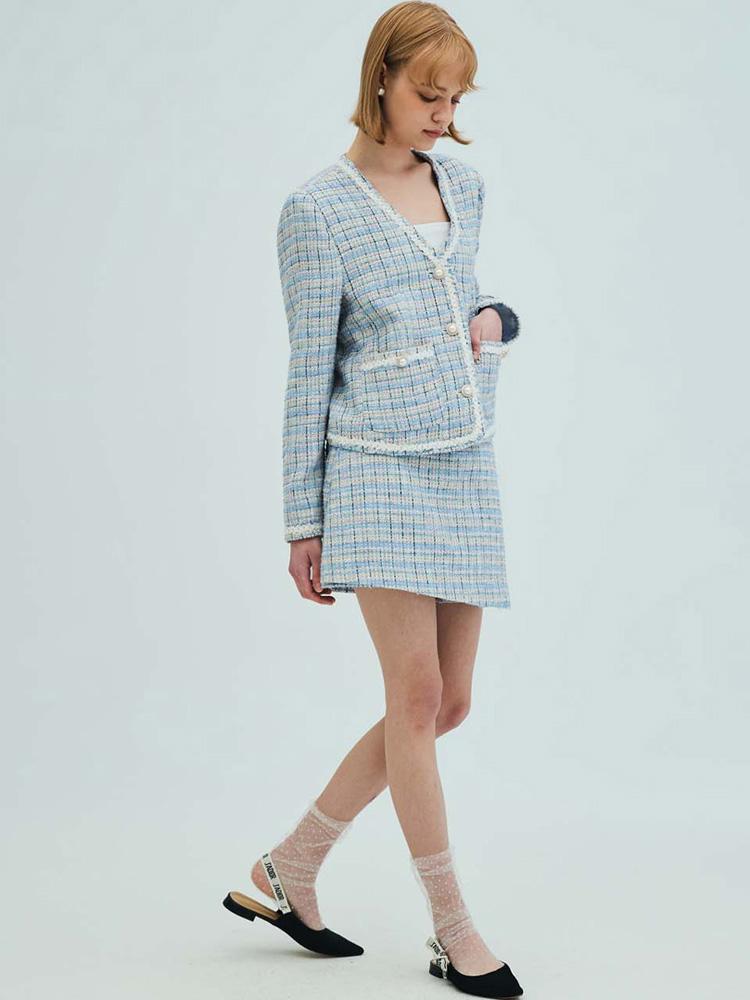 OPENING SUNSHINE Check Tweed Wrap Shorts_Blue
