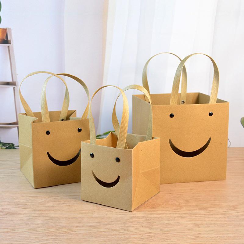 Small Qixi Gift Bag with Smiley Face, Kraft Paper, Square Window for Flowers