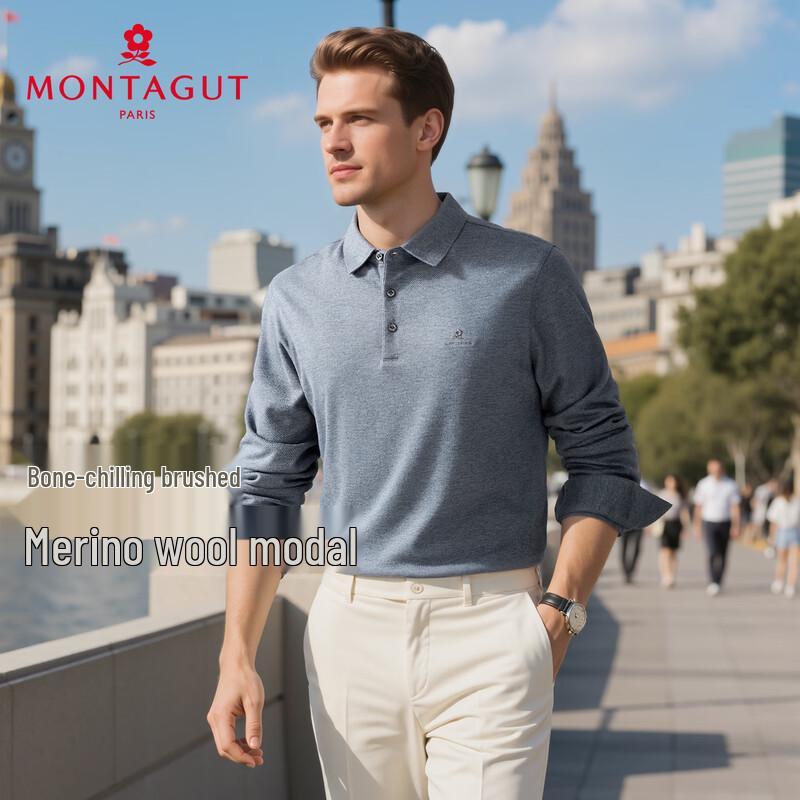 MONTAGUT Men's Merino Wool Blend Long Sleeve Polo Shirt