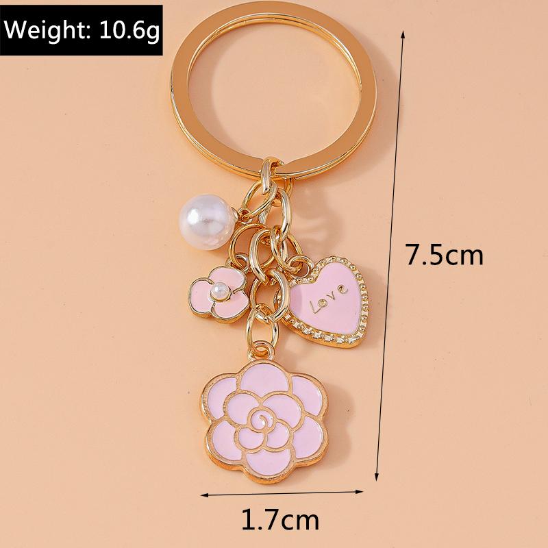 Cute Enamel Pink Love Heart Keychain Rose Flower Key Rings Pendant for Key Holder Women Girls Handbag Pendants DIY Jewelry Gifts