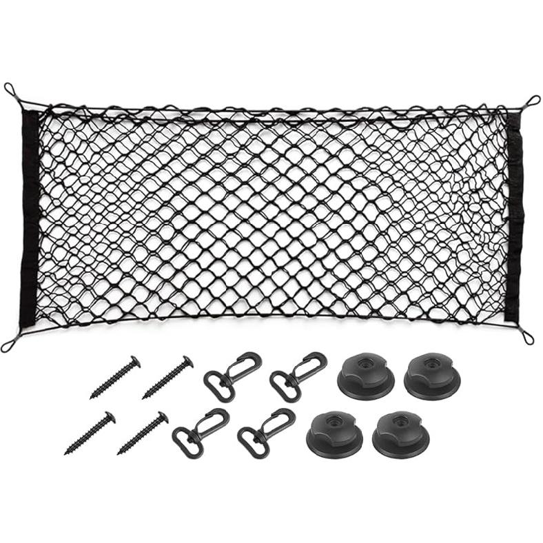 Car Rear Cargo Net, Double-Layer Adjustable Stretchable Elastic Storage Organizer Net, Trunk Cargo Storage Mesh Net With Hooks, Car Interior