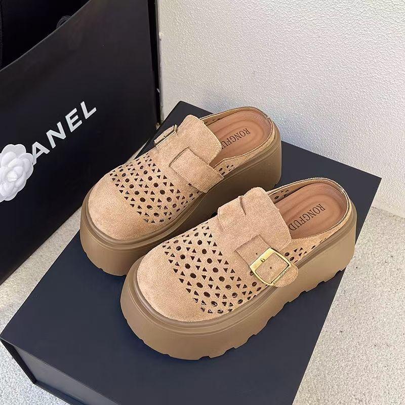 

Thick bottom height increase small Birkencool slippers women s summer wear 2025 new one-pedal hollow bag head half slippers 40 хаки