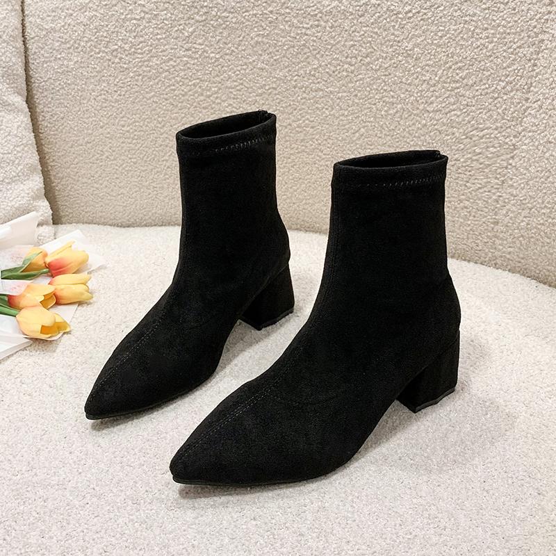 New pointed elastic skinny leg boots high heel boots comfortable thick heel thin short boots women