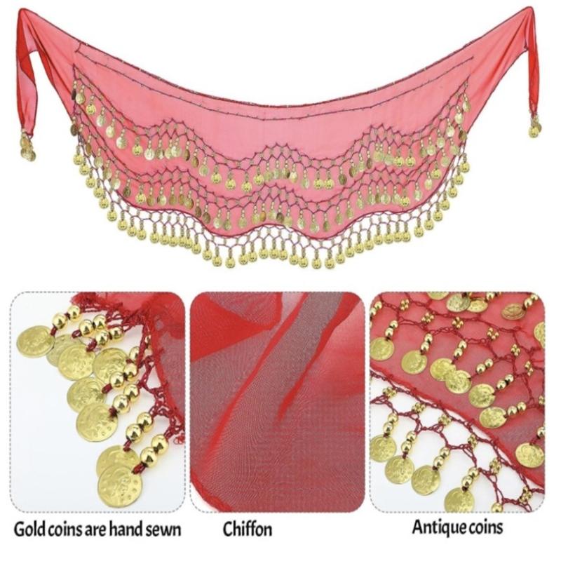 Set Premium per Esibizioni di Danza del Ventre Sciarpa per Vita Bracciale Fascia per Capelli Fibra di Poliestere Accessori Costume per Spettacoli Teatrali