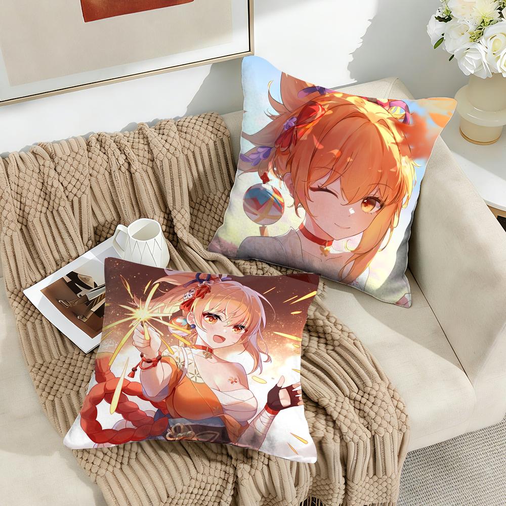 Yoimiya Genshin Impact Cute Cushion Cover Silky Short Plush Invisible Zipper Dustproof Sofa Pillow Case For Home Decor