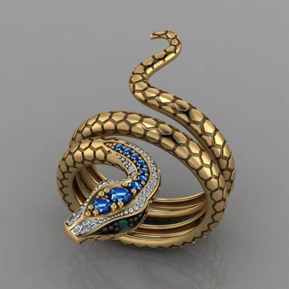 

European and American Creative Snake-shaped Micro-inlaid Sapphire Blue Zircon Unisex Ring opening adjustable
