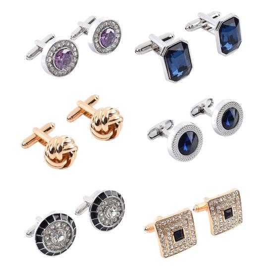 1 Pair Cufflinks Polished Smooth Surface Rhinestones Inlaid Round Shape Men Suit Shirt Cufflinks Shirt Button Replacement